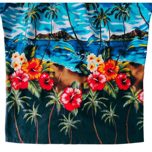 Men's Hawaiian Short-Sleeve Button-Down Shirt Blue Black Red Green Size Large - Picture 6 of 8